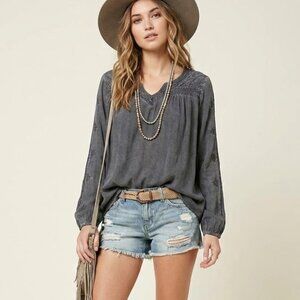 NWT Anthropologie Brand Luna Moon Embroidered Gray 100% Rayon Long Sleeve Blouse